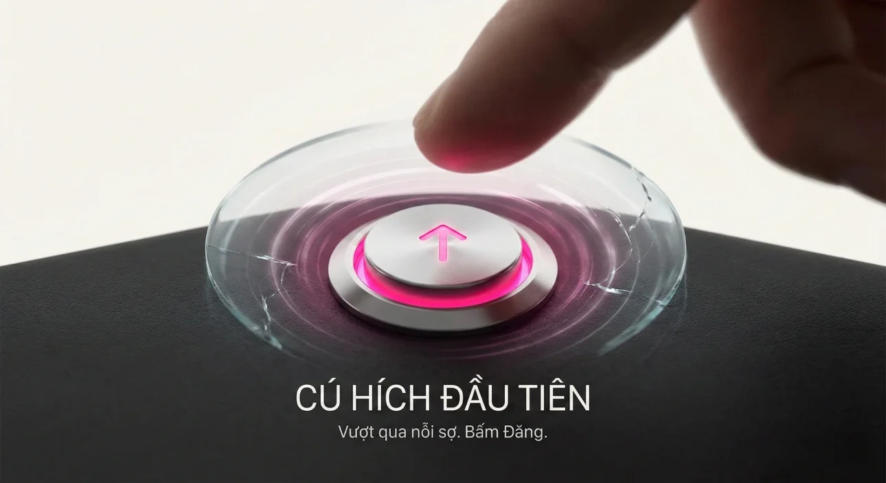 Cận cảnh ngón tay bấm nút "Đăng" phát sáng màu hồng làm vỡ rào cản kính. Hình ảnh đại diện cho thử thách vượt qua nỗi sợ quay video TikTok đầu tiên.